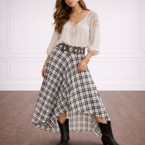 Free People Asymmetric Maxi Skirt Plaid Black and White Size Large Boho